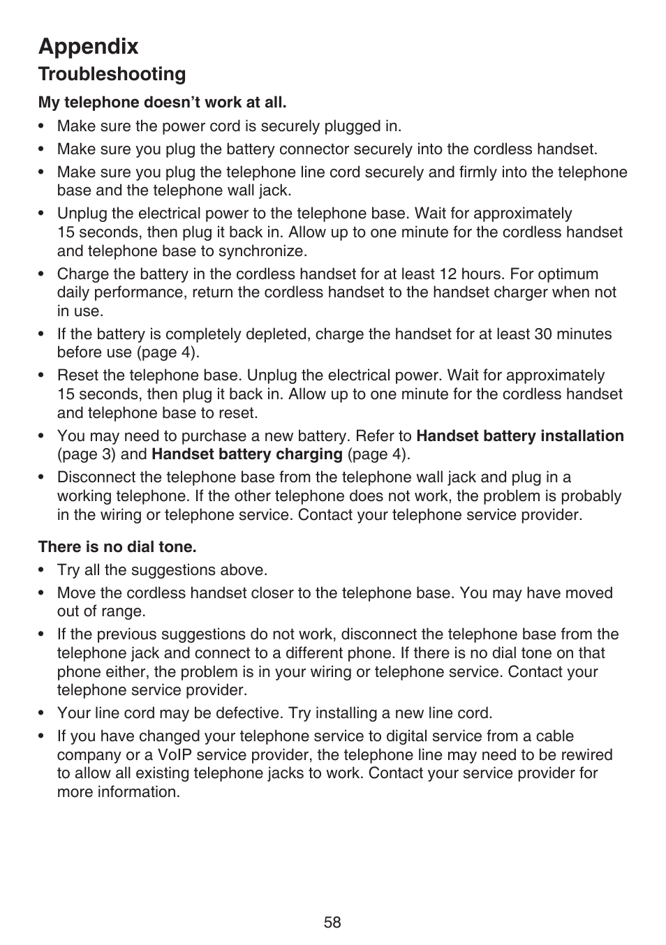 Appendix, Troubleshooting | VTech DS6511_-15-16-2-3-4A Manual User Manual | Page 62 / 80