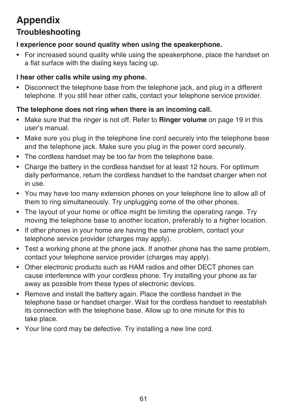 Appendix, Troubleshooting | VTech DS6511_-15-16-2-3-4A Manual User Manual | Page 65 / 80
