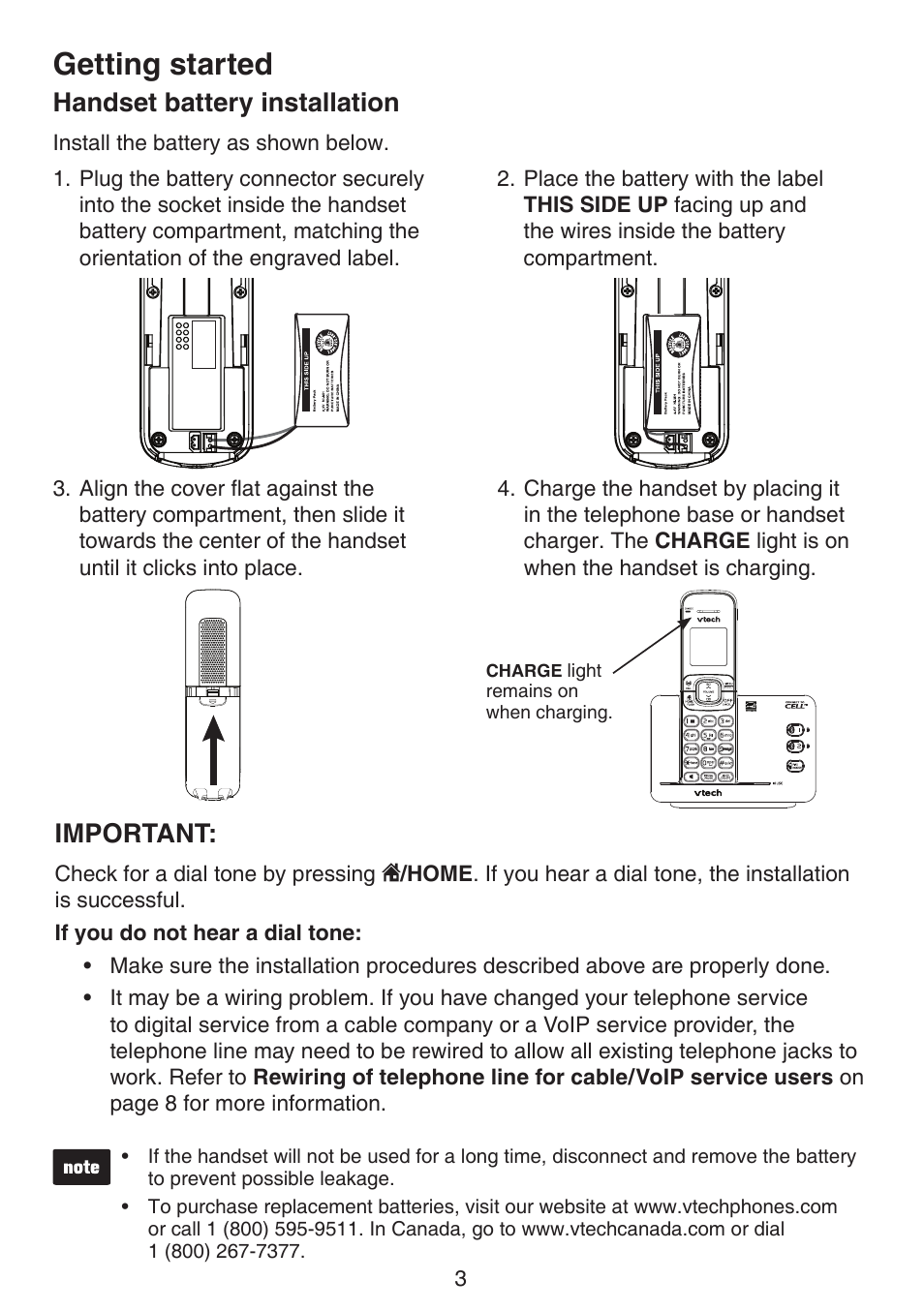 Handset battery installation, Getting started, Important | VTech DS6511_-15-16-2-3-4A Manual User Manual | Page 7 / 80