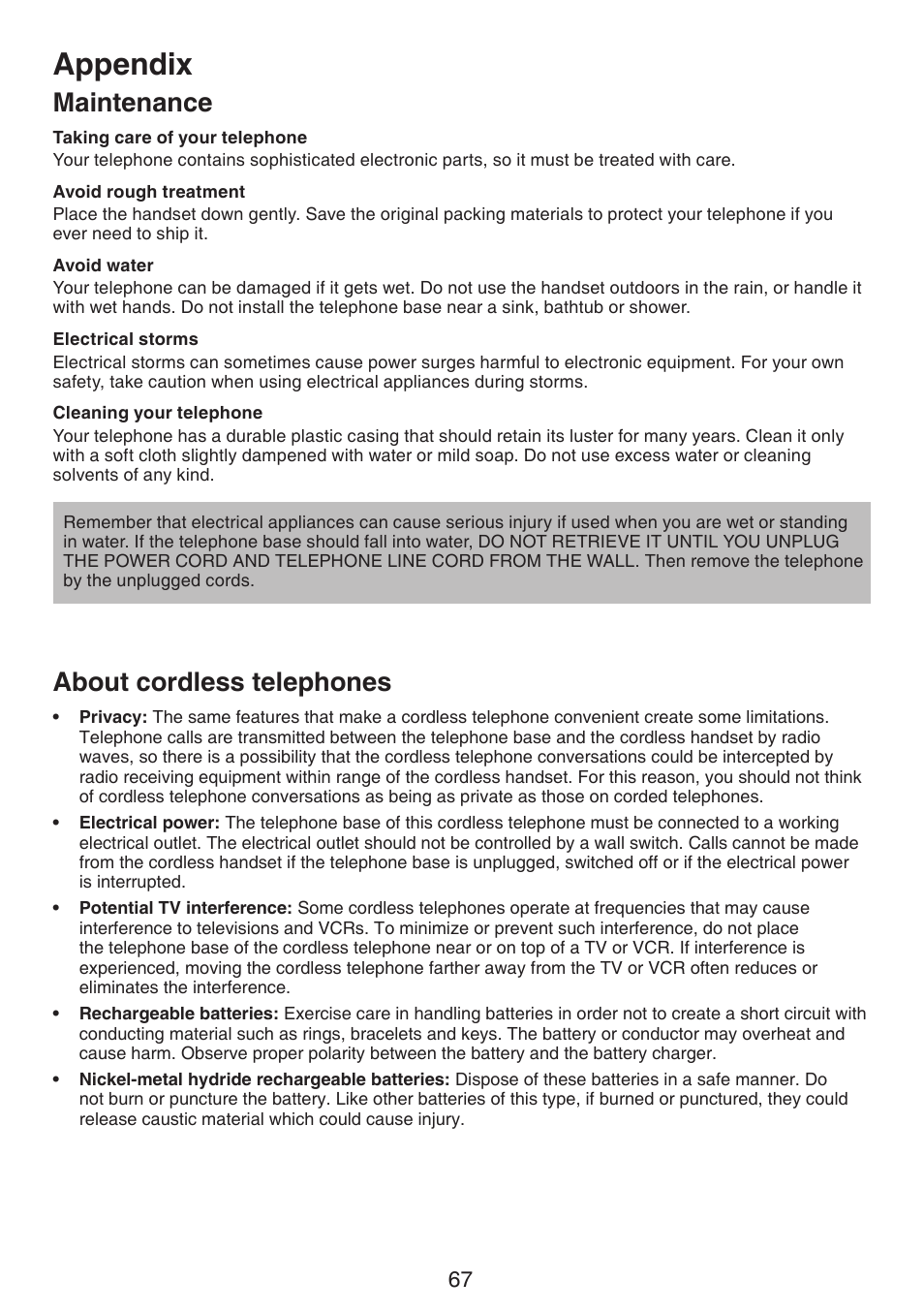 Maintenance about cordless telephones, Appendix, Maintenance | About cordless telephones | VTech DS6511_-15-16-2-3-4A Manual User Manual | Page 71 / 80