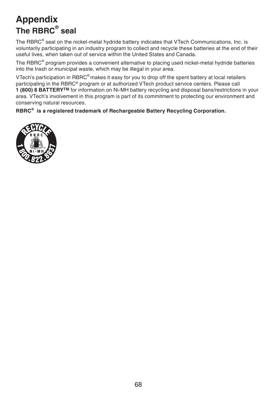 The rbrc, Seal, Appendix | VTech DS6511_-15-16-2-3-4A Manual User Manual | Page 72 / 80