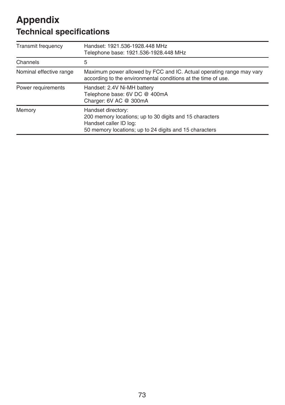 Technical specifications, Appendix | VTech DS6511_-15-16-2-3-4A Manual User Manual | Page 77 / 80