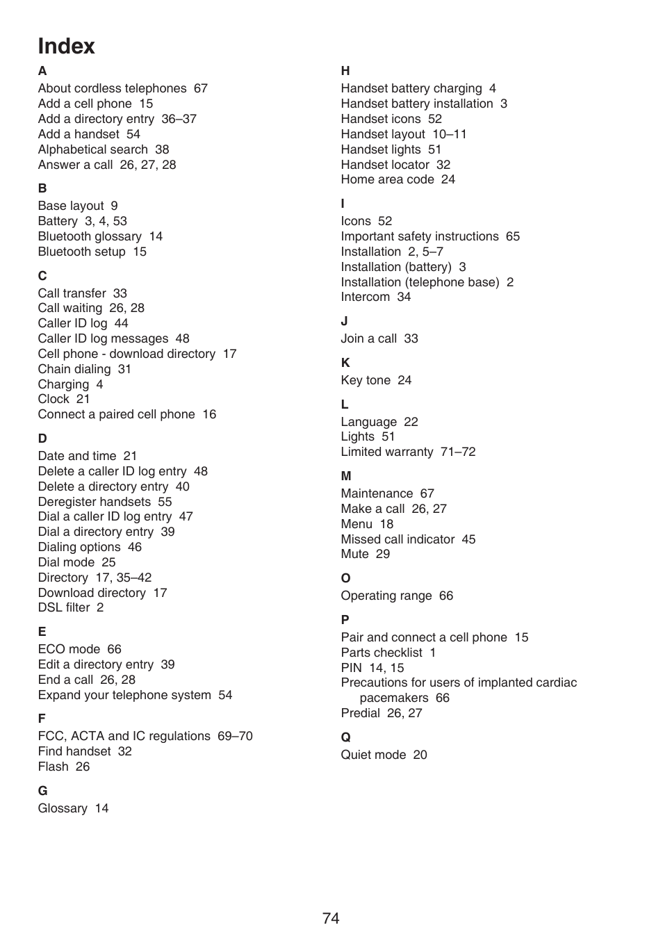 Index | VTech DS6511_-15-16-2-3-4A Manual User Manual | Page 78 / 80