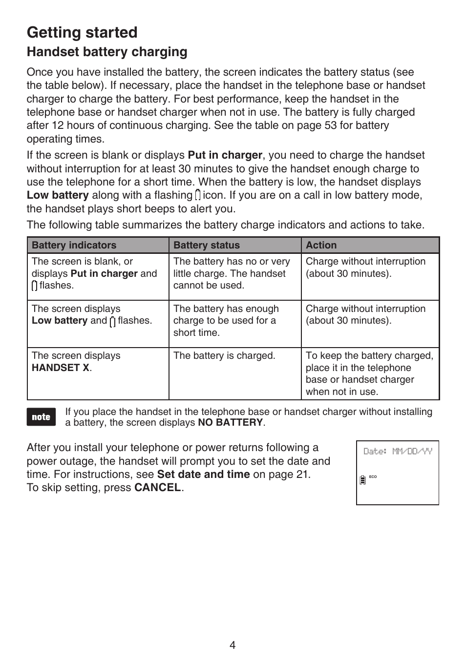 Handset battery charging, Getting started | VTech DS6511_-15-16-2-3-4A Manual User Manual | Page 8 / 80