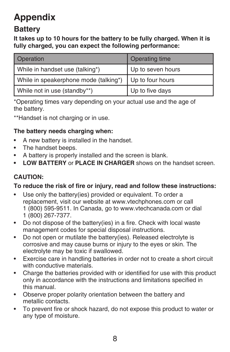 Appendix, Battery, Appendix battery | 8battery | VTech CS6409 Manual User Manual | Page 11 / 24