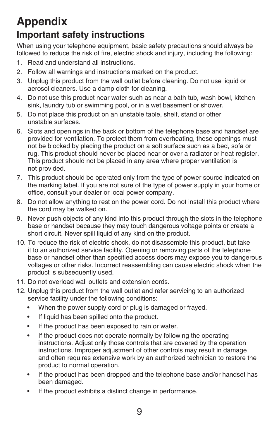 Important safety information, Important safety instructions, Appendix | 9important safety instructions | VTech CS6409 Manual User Manual | Page 12 / 24