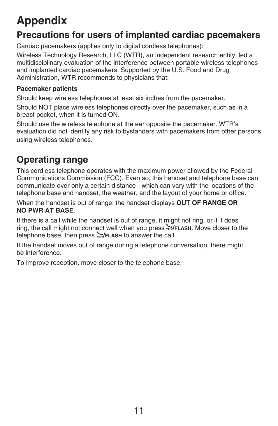 Operating range, Appendix | VTech CS6409 Manual User Manual | Page 14 / 24