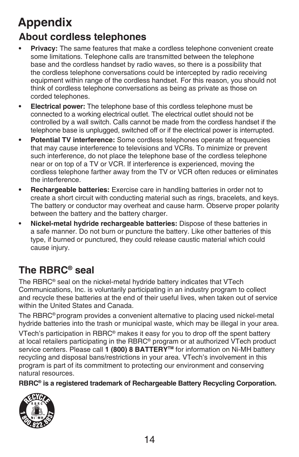 About cordless telephones, The rbrc® seal, The rbrc | Seal, Appendix, 14 about cordless telephones | VTech CS6409 Manual User Manual | Page 17 / 24