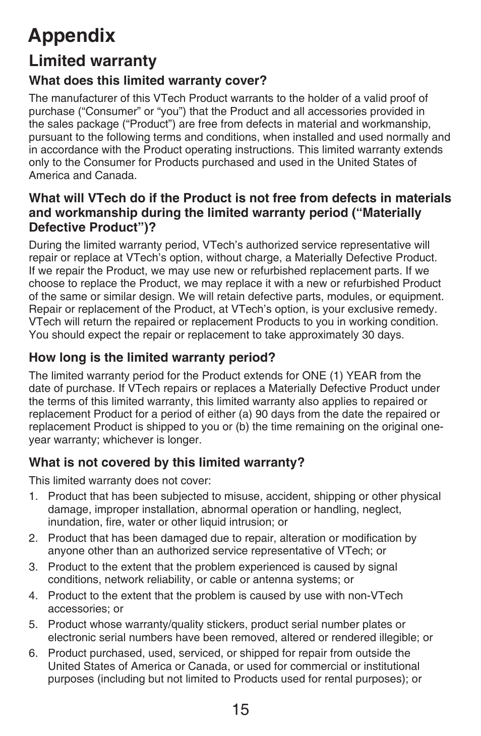 Limited warranty, Appendix, 15 limited warranty | VTech CS6409 Manual User Manual | Page 18 / 24