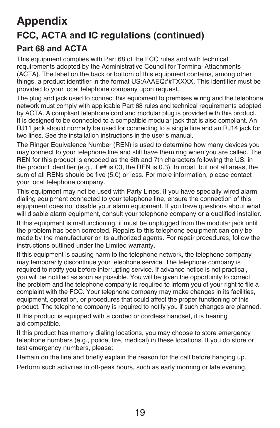 Industry canada, Appendix, 19 fcc, acta and ic regulations (continued) | Part 68 and acta | VTech CS6409 Manual User Manual | Page 22 / 24