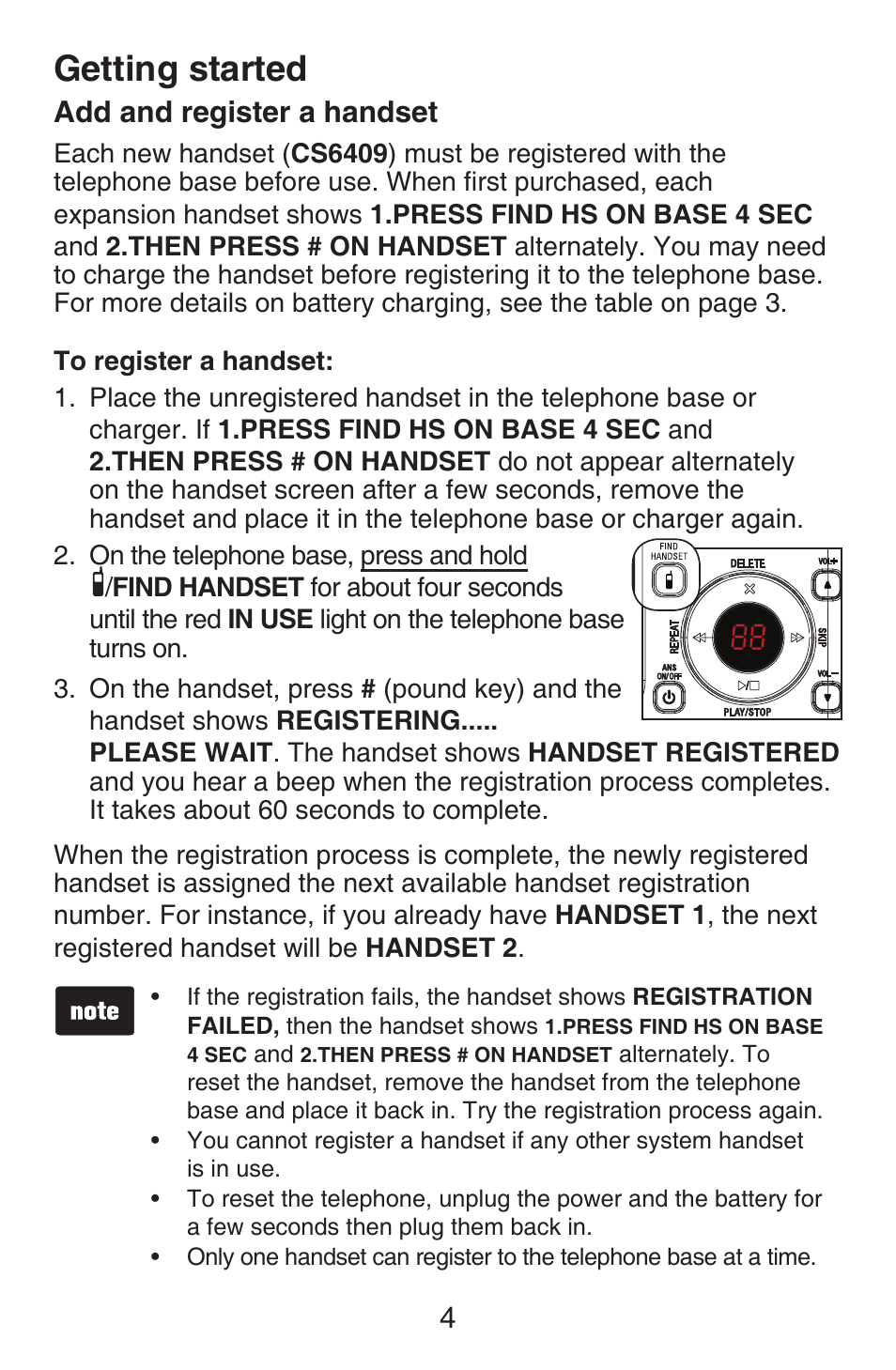 Add and register a handset, Getting started, 4add and register a handset | VTech CS6409 Manual User Manual | Page 7 / 24