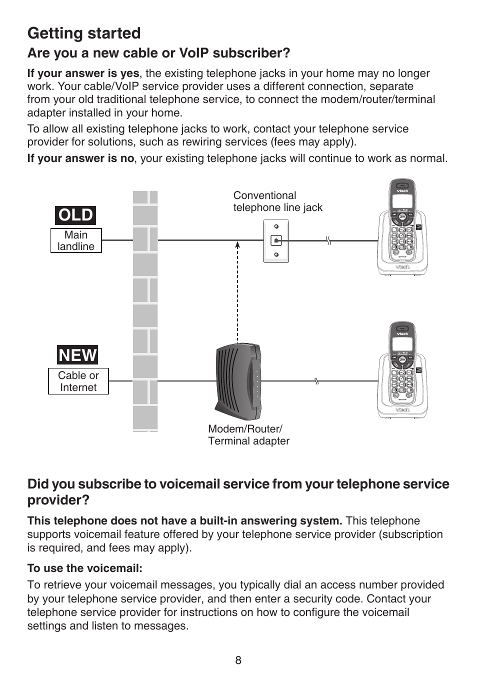 Are you a new cable or voip subscriber, Are you a new cable or voip, Subscrber | Dd you subscrbe to vocemal, Servce from your telephone, Servce provder, Getting started | VTech CS6114-2 (without LED) Manual (without LED) User Manual | Page 11 / 50