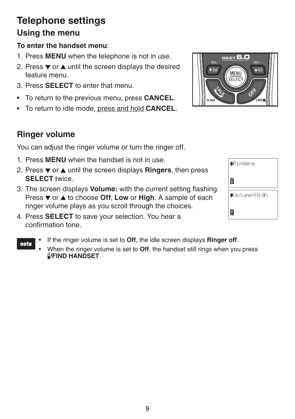 Telephone settings, Using the menu, Ringer volume | Usng the menu rnger volume | VTech CS6114-2 (without LED) Manual (without LED) User Manual | Page 12 / 50