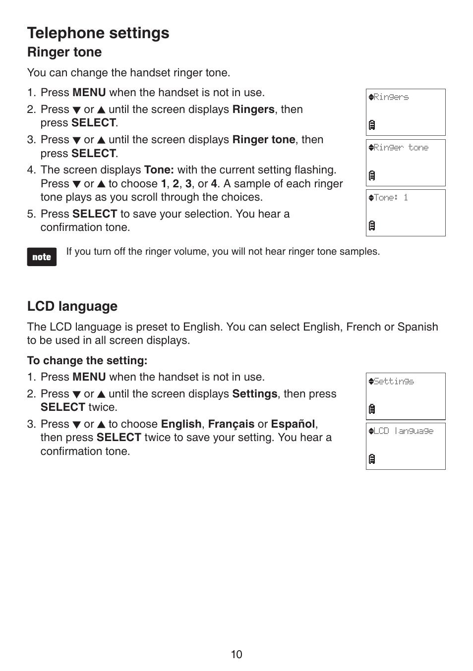 Ringer tone, Lcd language, Rnger tone lcd language | Telephone settings | VTech CS6114-2 (without LED) Manual (without LED) User Manual | Page 13 / 50