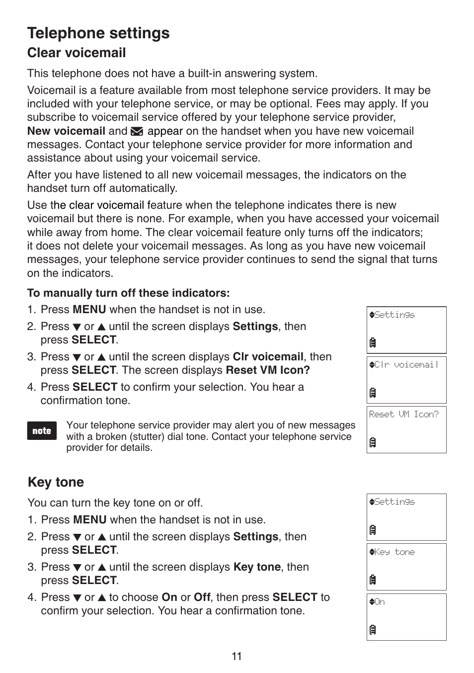 Clear voicemail, Key tone, Clear vocemal key tone | Telephone settings | VTech CS6114-2 (without LED) Manual (without LED) User Manual | Page 14 / 50