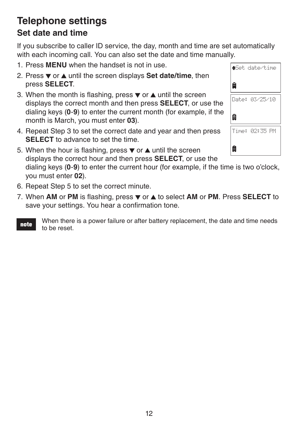 Set date and time, Set date and tme, Telephone settings | VTech CS6114-2 (without LED) Manual (without LED) User Manual | Page 15 / 50