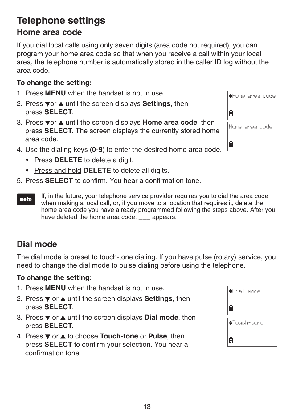 Home area code, Dial mode, Home area code dal mode | Telephone settings | VTech CS6114-2 (without LED) Manual (without LED) User Manual | Page 16 / 50
