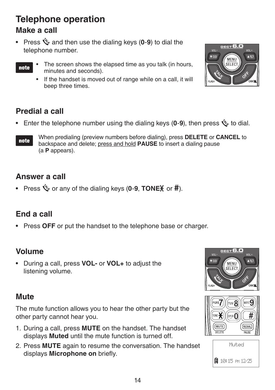 Telephone operation, Make a call, Predial a call | Answer a call, End a call, Volume, Mute | VTech CS6114-2 (without LED) Manual (without LED) User Manual | Page 17 / 50