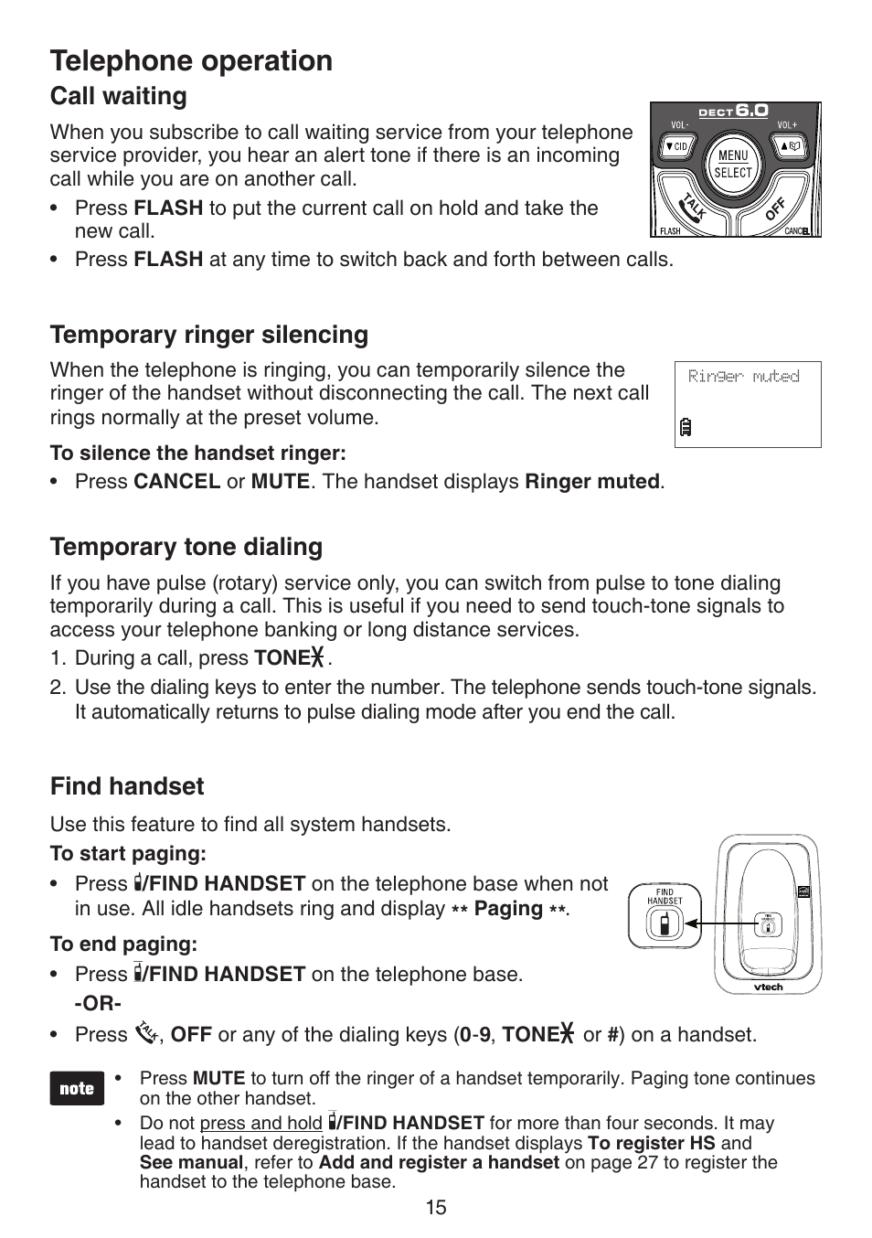 Call waiting, Temporary ringer silencing, Temporary tone dialing | Find handset, Telephone operation | VTech CS6114-2 (without LED) Manual (without LED) User Manual | Page 18 / 50