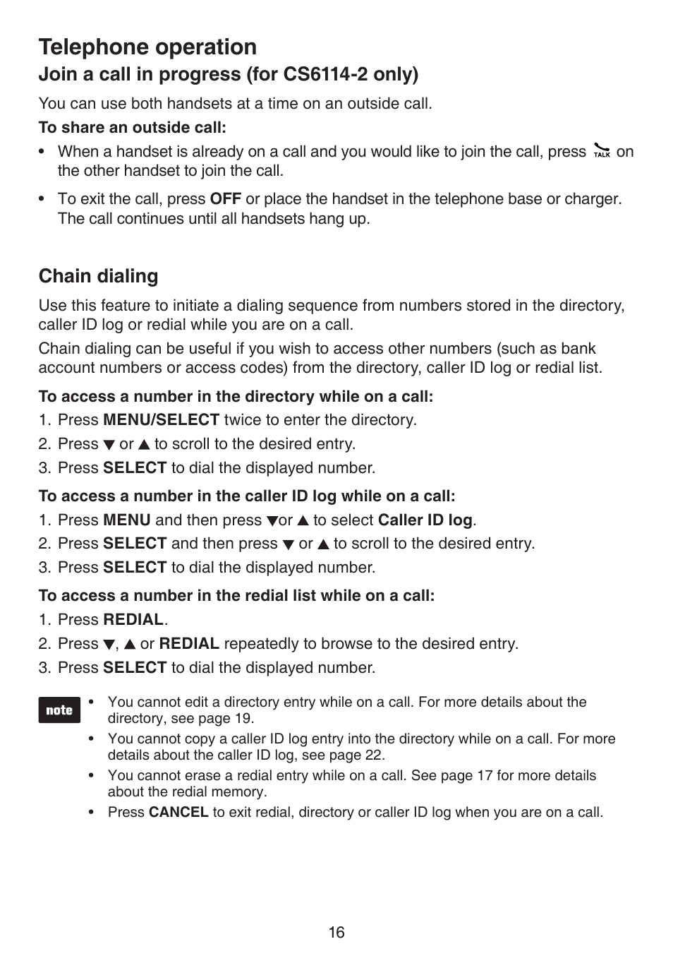 Join a call in progress (for cs6114-2 only), Chain dialing, Jon a call n progress chan dalng | Telephone operation | VTech CS6114-2 (without LED) Manual (without LED) User Manual | Page 19 / 50