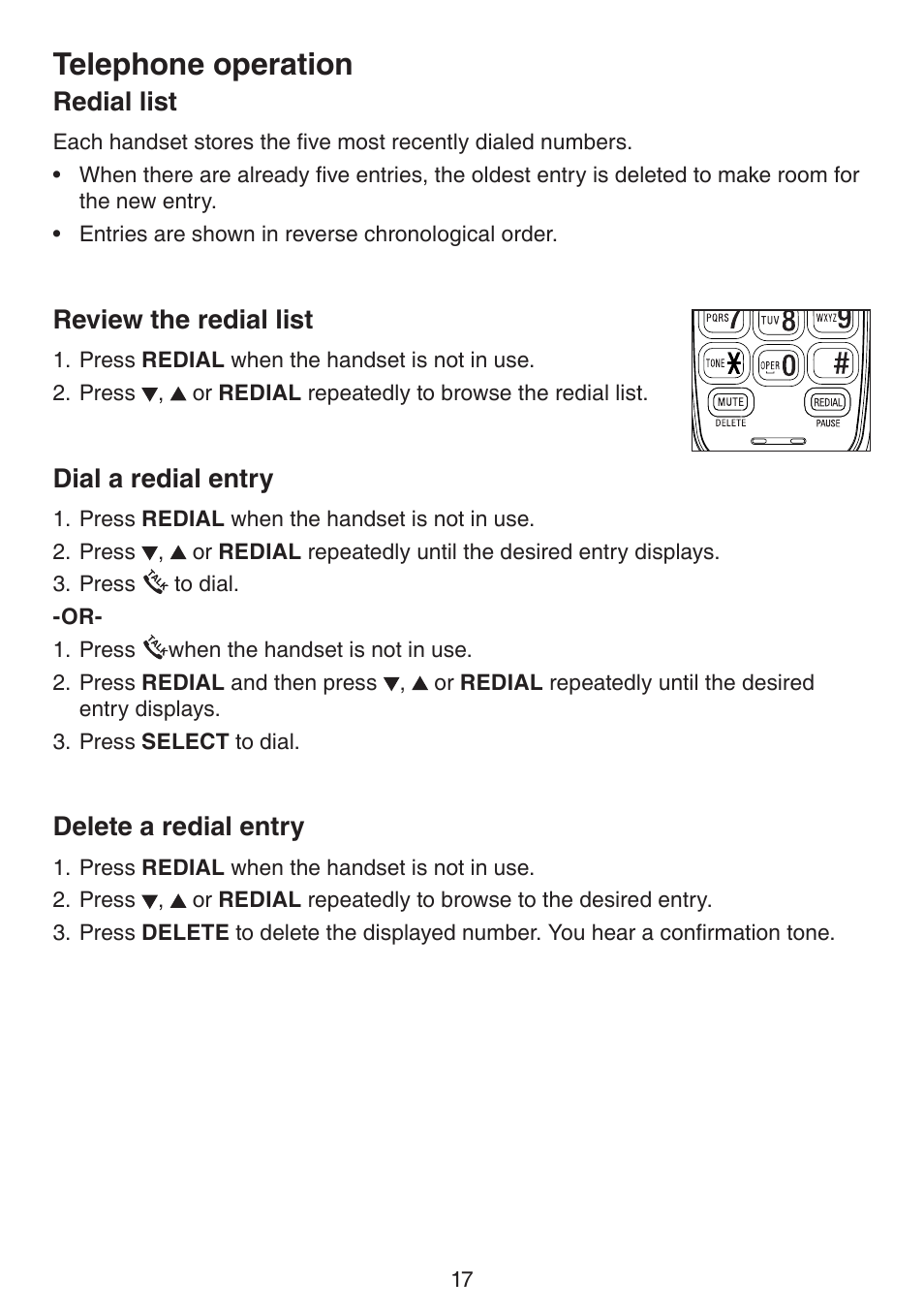 Redial list, Review the redial list, Dial a redial entry | Delete a redial entry, Telephone operation | VTech CS6114-2 (without LED) Manual (without LED) User Manual | Page 20 / 50