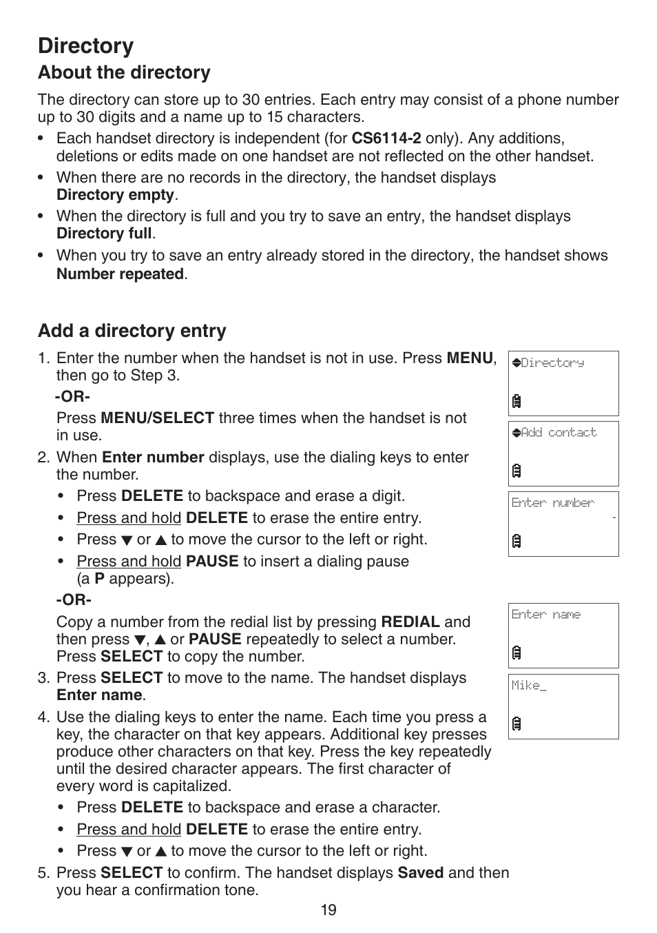 Directory, About the directory, Add a directory entry | About the drectory add a drectory entry | VTech CS6114-2 (without LED) Manual (without LED) User Manual | Page 22 / 50