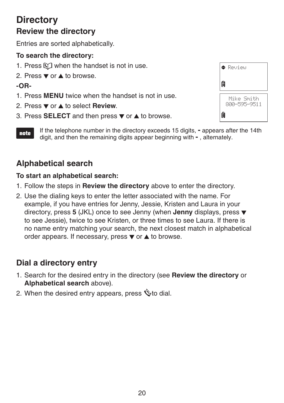 Review the directory, Alphabetical search, Dial a directory entry | Directory | VTech CS6114-2 (without LED) Manual (without LED) User Manual | Page 23 / 50
