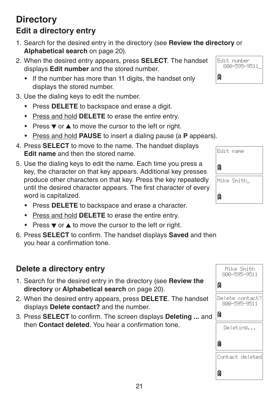 Edit a directory entry, Delete a directory entry, Edt a drectory entry delete a drectory entry | Directory | VTech CS6114-2 (without LED) Manual (without LED) User Manual | Page 24 / 50