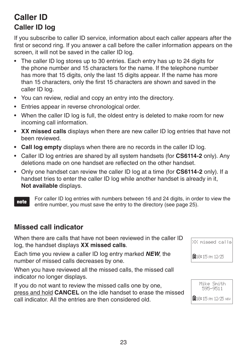 Caller id log, Missed call indicator, Caller id log mssed call ndcator | Caller id | VTech CS6114-2 (without LED) Manual (without LED) User Manual | Page 26 / 50