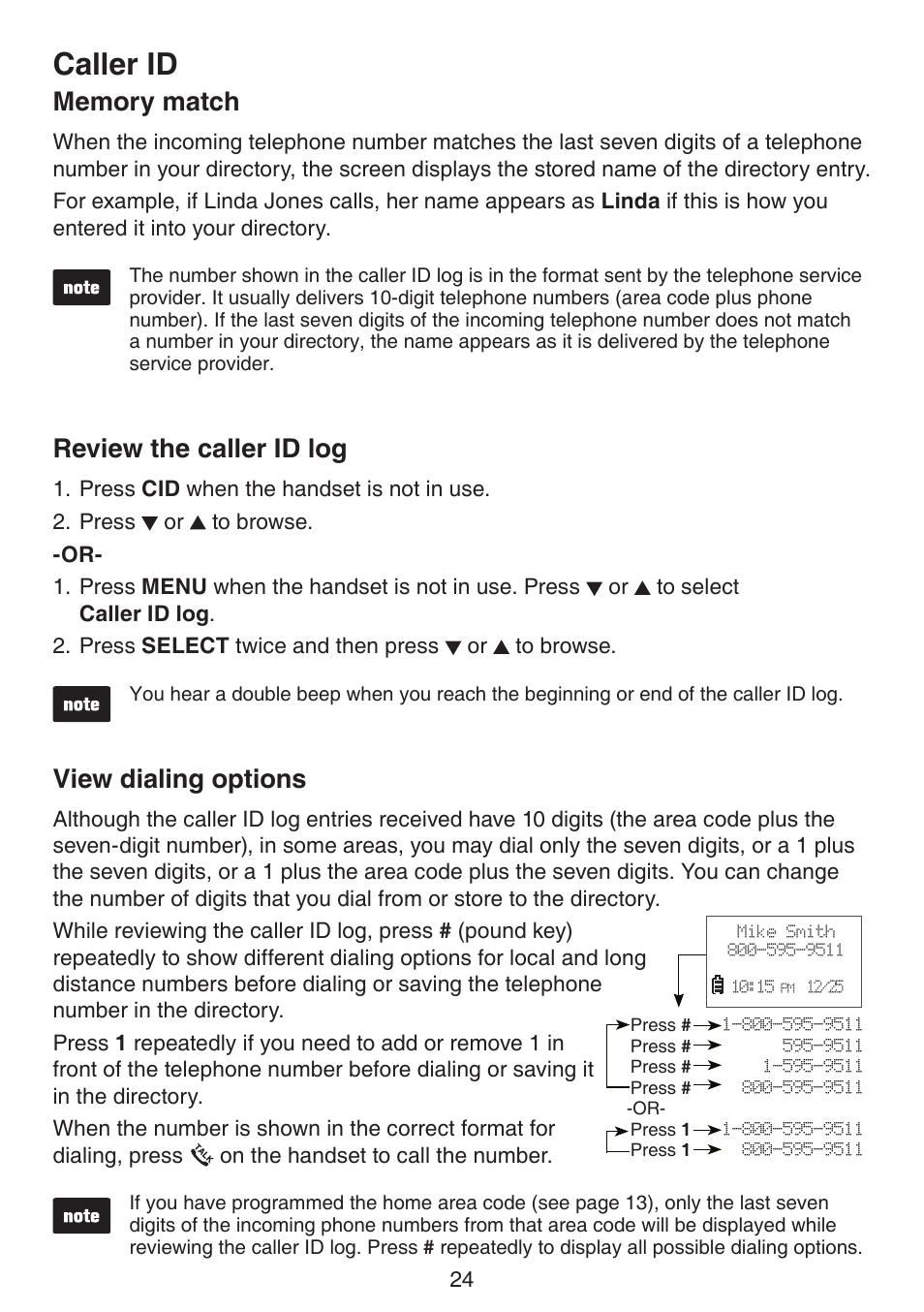 Memory match, Review the caller id log, View dialing options | Caller id | VTech CS6114-2 (without LED) Manual (without LED) User Manual | Page 27 / 50