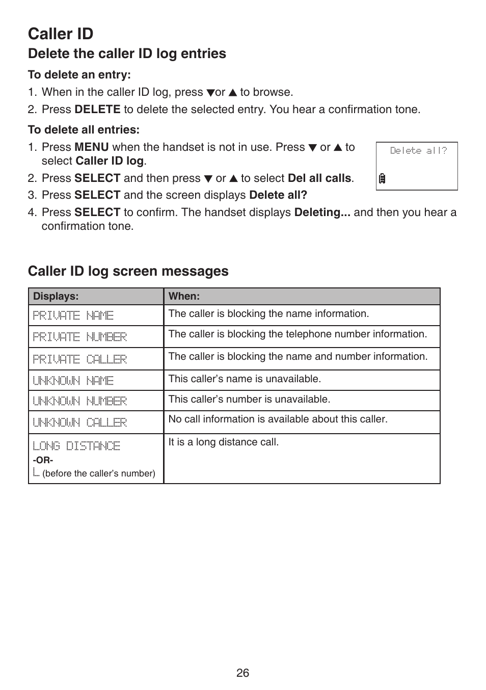 Delete the caller id log entries, Caller id log screen messages, Caller id | VTech CS6114-2 (without LED) Manual (without LED) User Manual | Page 29 / 50