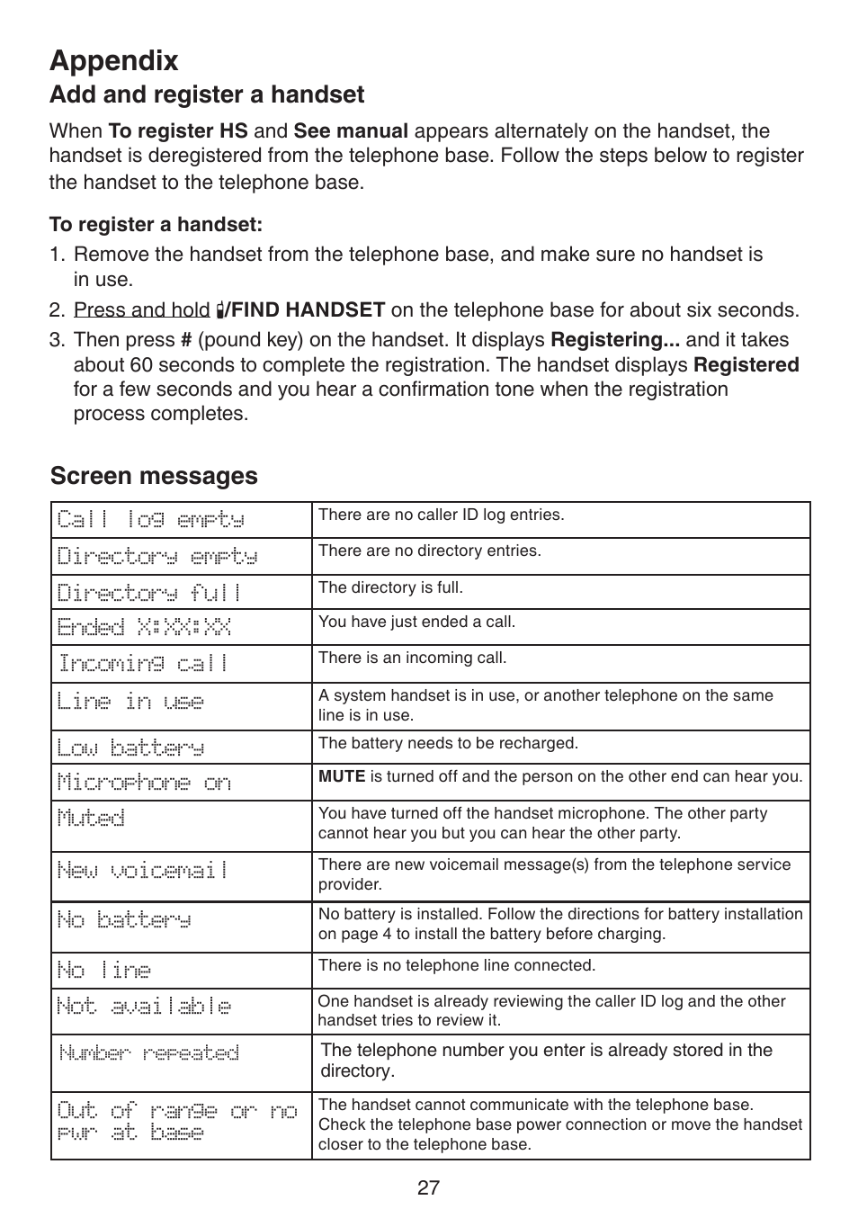 Appendix, Add and register a handset, Screen messages | Add and regster a handset screen messages | VTech CS6114-2 (without LED) Manual (without LED) User Manual | Page 30 / 50