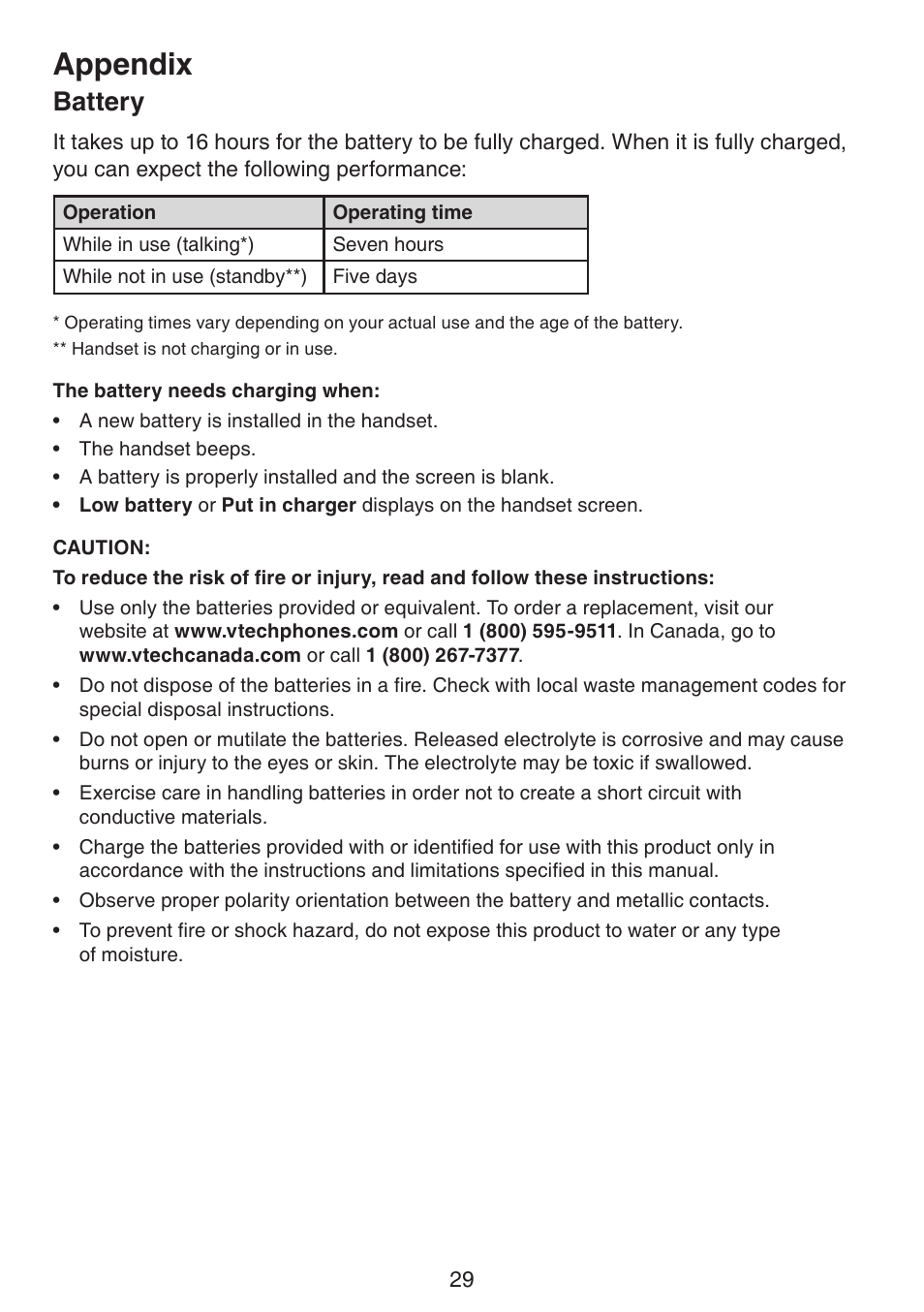 Battery, Appendix | VTech CS6114-2 (without LED) Manual (without LED) User Manual | Page 32 / 50