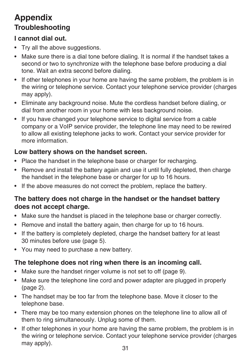 Appendix, Troubleshooting | VTech CS6114-2 (without LED) Manual (without LED) User Manual | Page 34 / 50