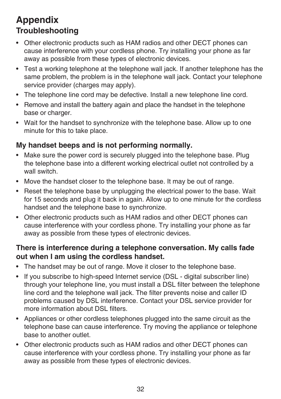 Appendix, Troubleshooting | VTech CS6114-2 (without LED) Manual (without LED) User Manual | Page 35 / 50