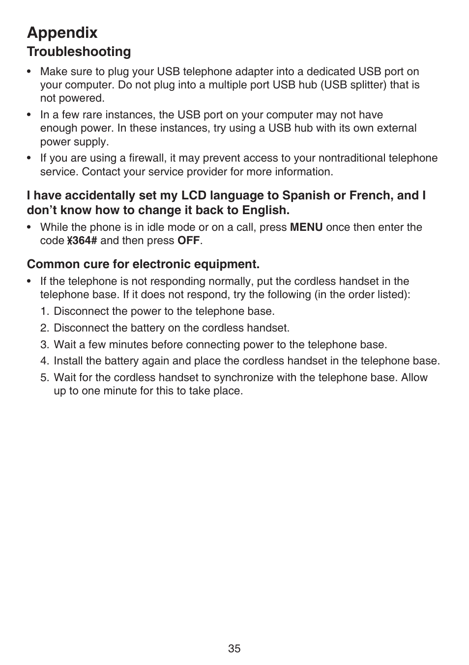 Appendix, Troubleshooting | VTech CS6114-2 (without LED) Manual (without LED) User Manual | Page 38 / 50