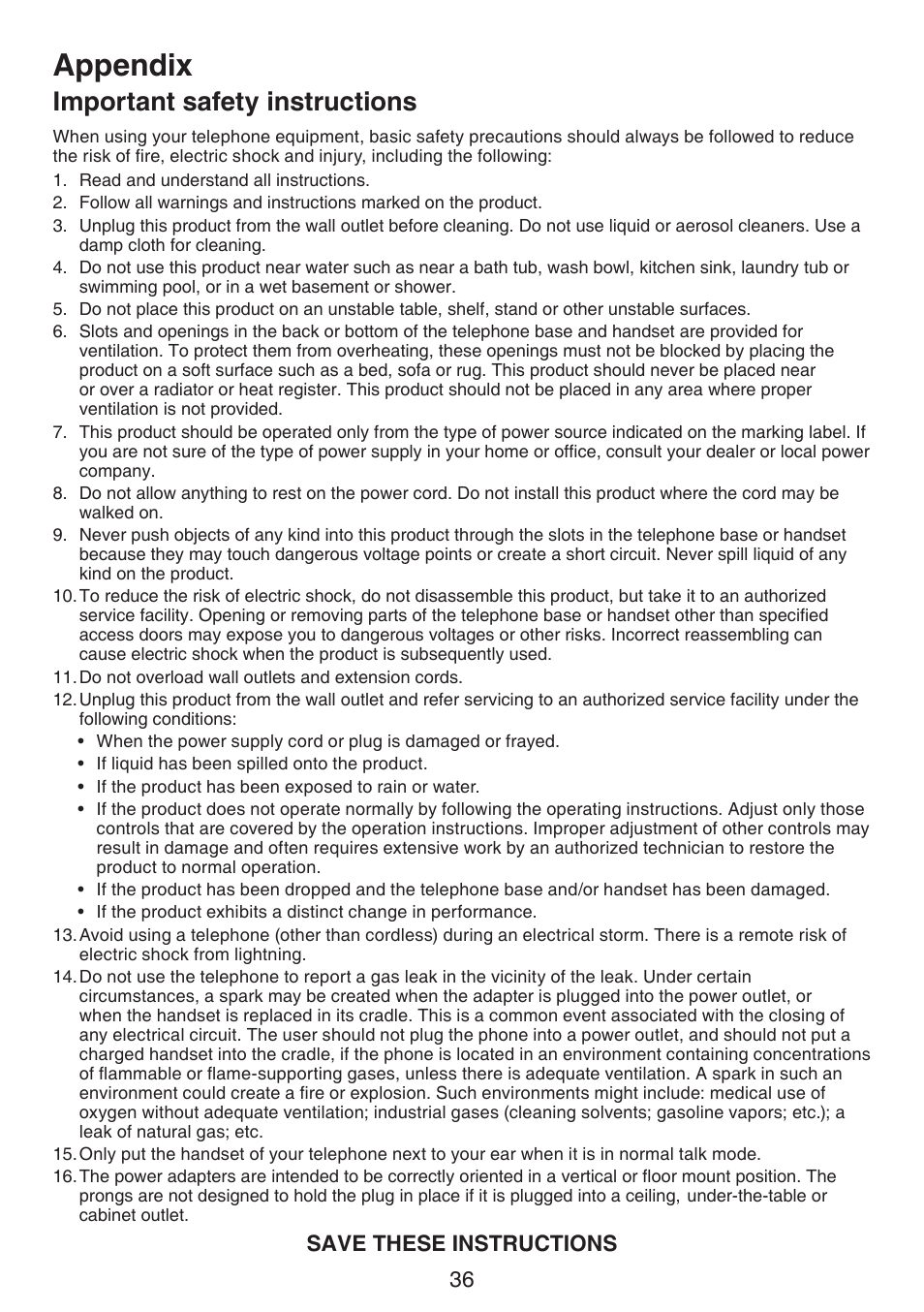 Important safety instructions, Important safety nstructons, Appendix | VTech CS6114-2 (without LED) Manual (without LED) User Manual | Page 39 / 50