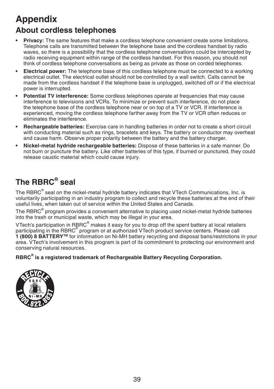 About cordless telephones, The rbrc® seal, About cordless telephones the rbrc | Seal, Appendix, The rbrc | VTech CS6114-2 (without LED) Manual (without LED) User Manual | Page 42 / 50