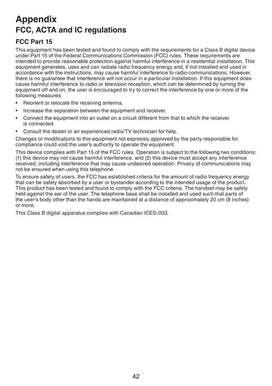 Fcc, acta and ic regulations, Fcc, acta and ic regulatons, Appendix | VTech CS6114-2 (without LED) Manual (without LED) User Manual | Page 45 / 50