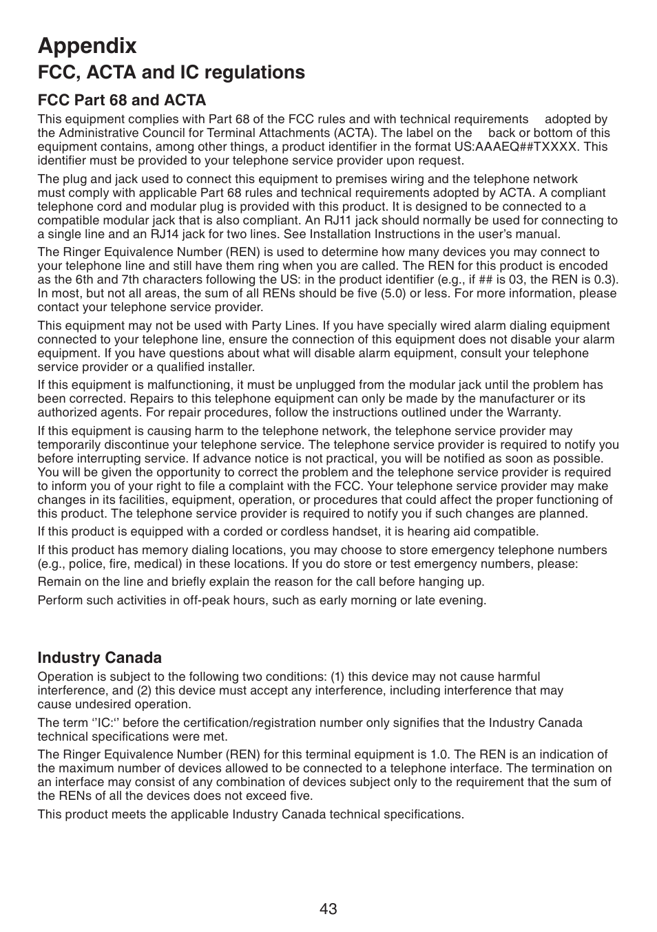 Appendix, Fcc, acta and ic regulations | VTech CS6114-2 (without LED) Manual (without LED) User Manual | Page 46 / 50