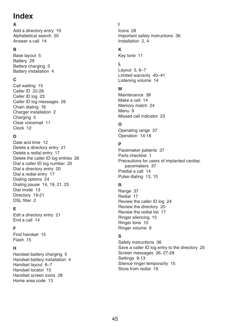 Index | VTech CS6114-2 (without LED) Manual (without LED) User Manual | Page 48 / 50