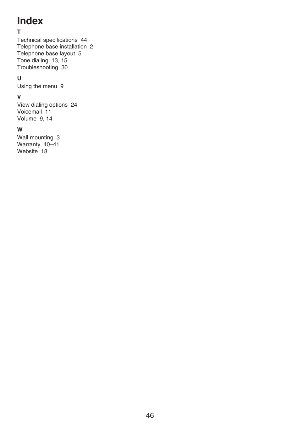 Index | VTech CS6114-2 (without LED) Manual (without LED) User Manual | Page 49 / 50