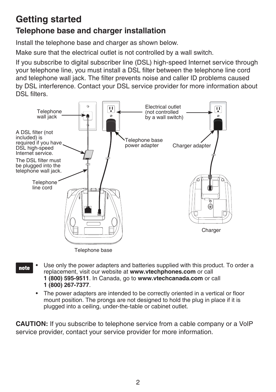 Telephone base and charger installation, Telephone base and charger, Nstallaton | Getting started | VTech CS6114-2 (without LED) Manual (without LED) User Manual | Page 5 / 50