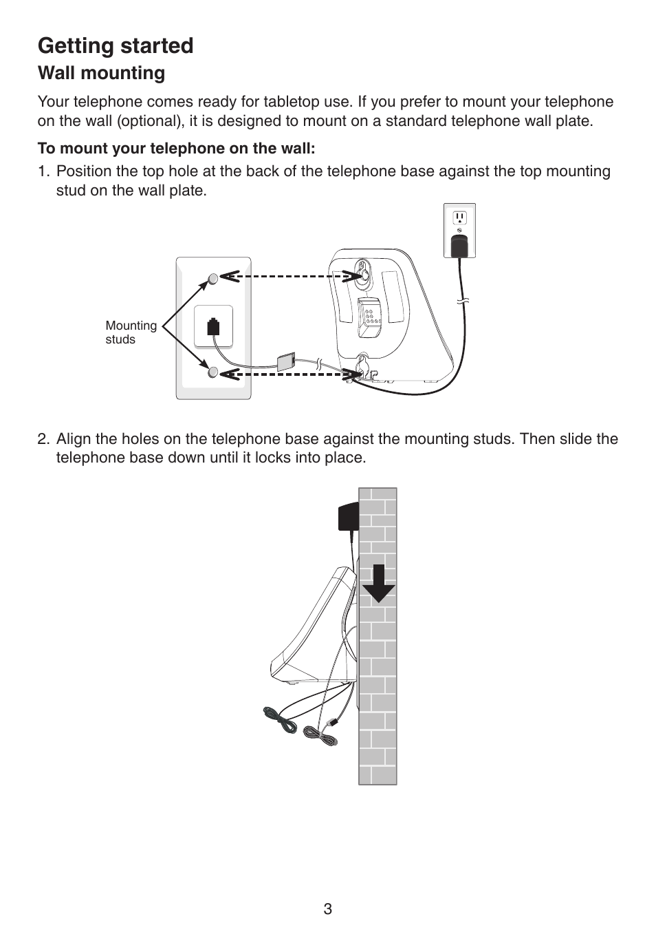 Wall mounting, Wall mountng, Getting started | VTech CS6114-2 (without LED) Manual (without LED) User Manual | Page 6 / 50