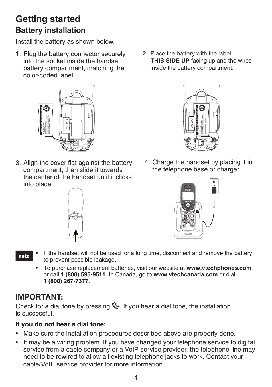 Battery installation, Battery nstallaton, Getting started | Important | VTech CS6114-2 (without LED) Manual (without LED) User Manual | Page 7 / 50