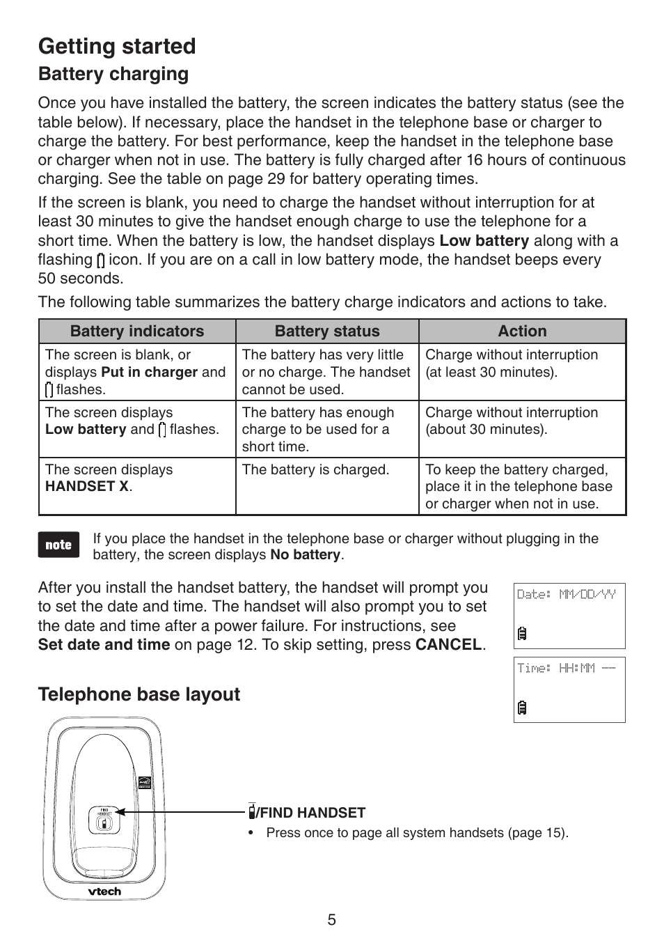 Battery charging, Telephone base layout, Battery chargng telephone base layout | Getting started | VTech CS6114-2 (without LED) Manual (without LED) User Manual | Page 8 / 50