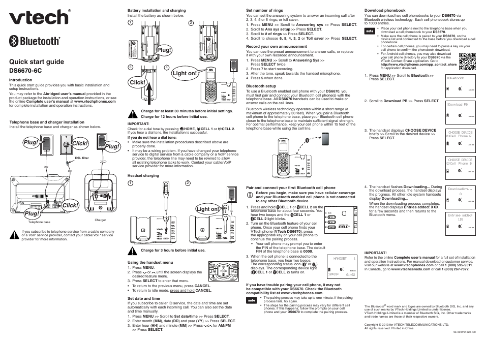 VTech DS6670-6C Quick start User Manual | 2 pages