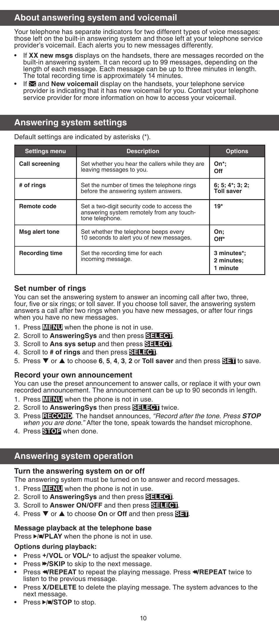 About answering system and voicemail, Answering system settings, Answering system operation | VTech IS7121_-2-22 Abridged manual User Manual | Page 10 / 16