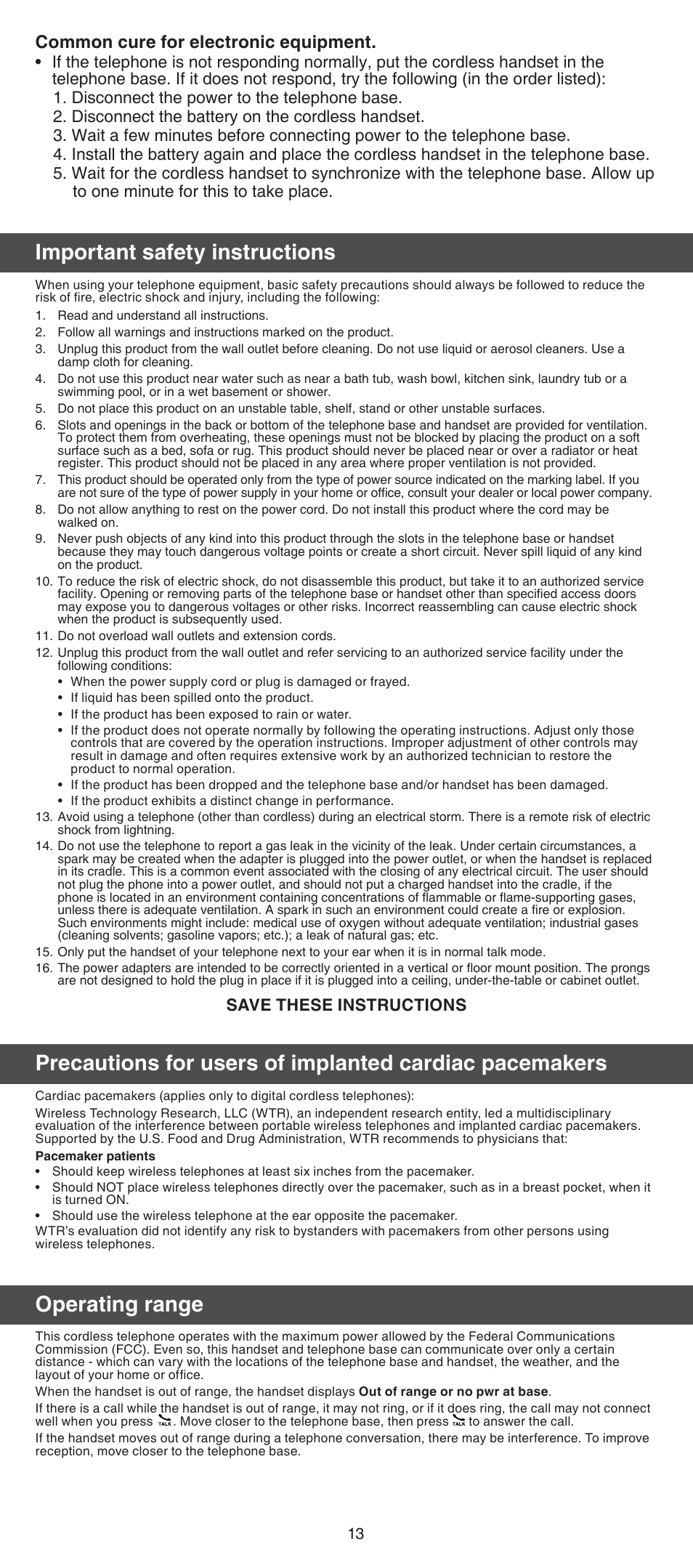 Important safety instructions, Operating range, Common cure for electronic equipment | Save these instructions | VTech IS7121_-2-22 Abridged manual User Manual | Page 13 / 16