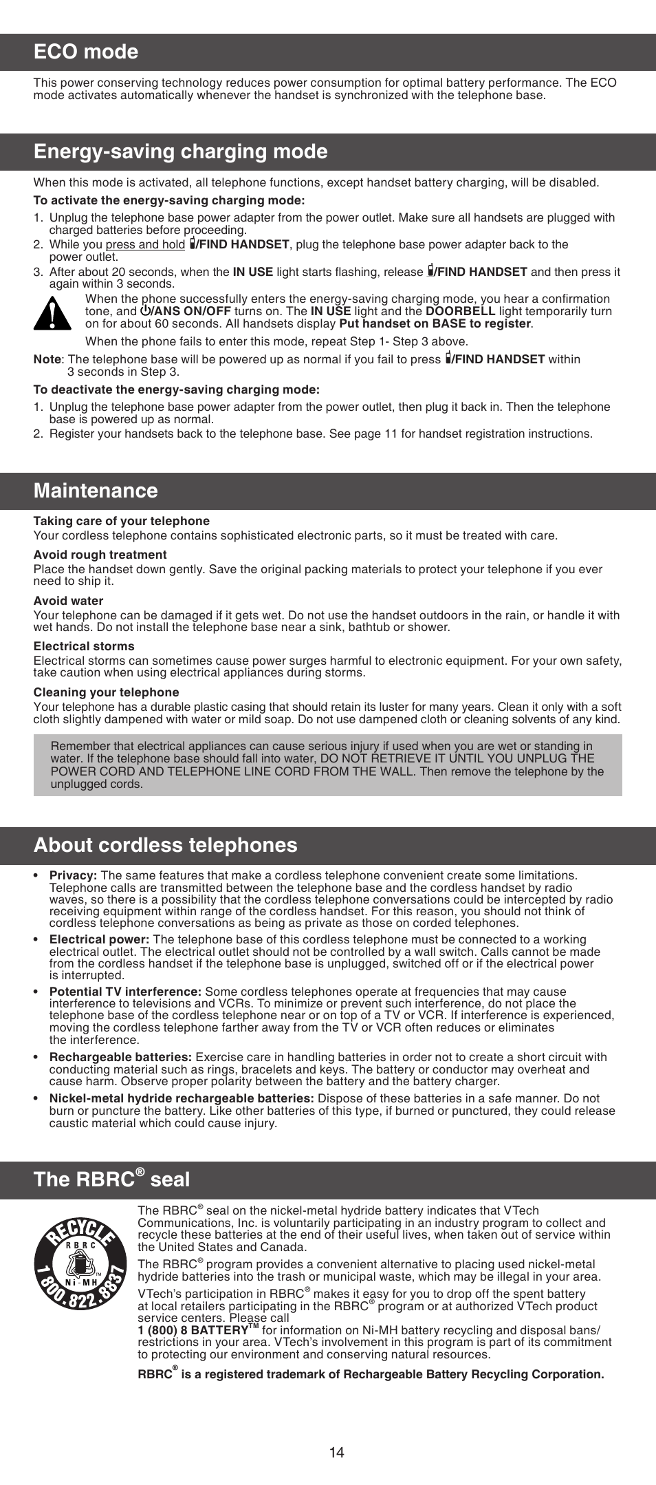 Eco mode, Energy-saving charging mode, Maintenance | About cordless telephones, The rbrc, Seal | VTech IS7121_-2-22 Abridged manual User Manual | Page 14 / 16